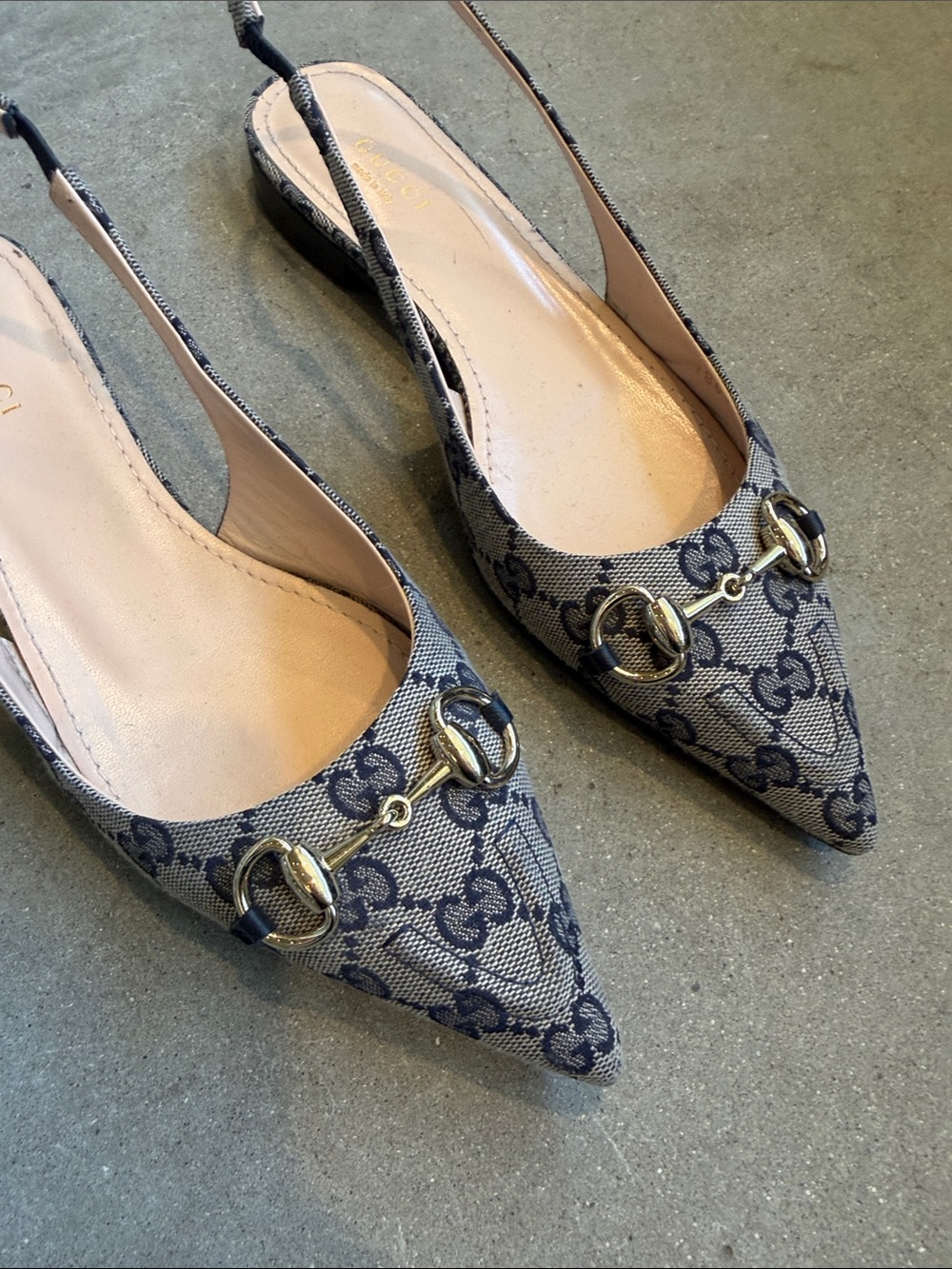 Gucci Navy GG Canvas Pointed Slingback Mules with Horsebit - Picture 2 of 5